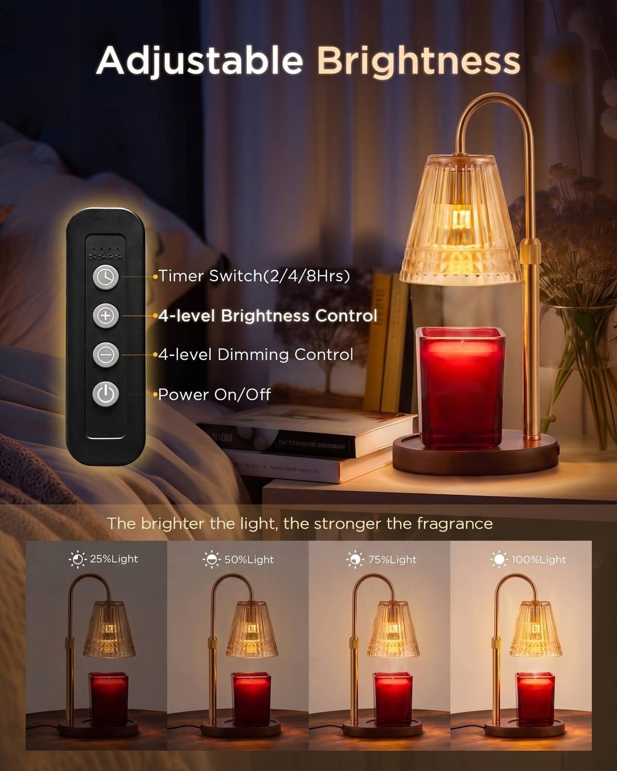 Candle warmer lamp with amber glass shade and control panel, warming a red jar candle