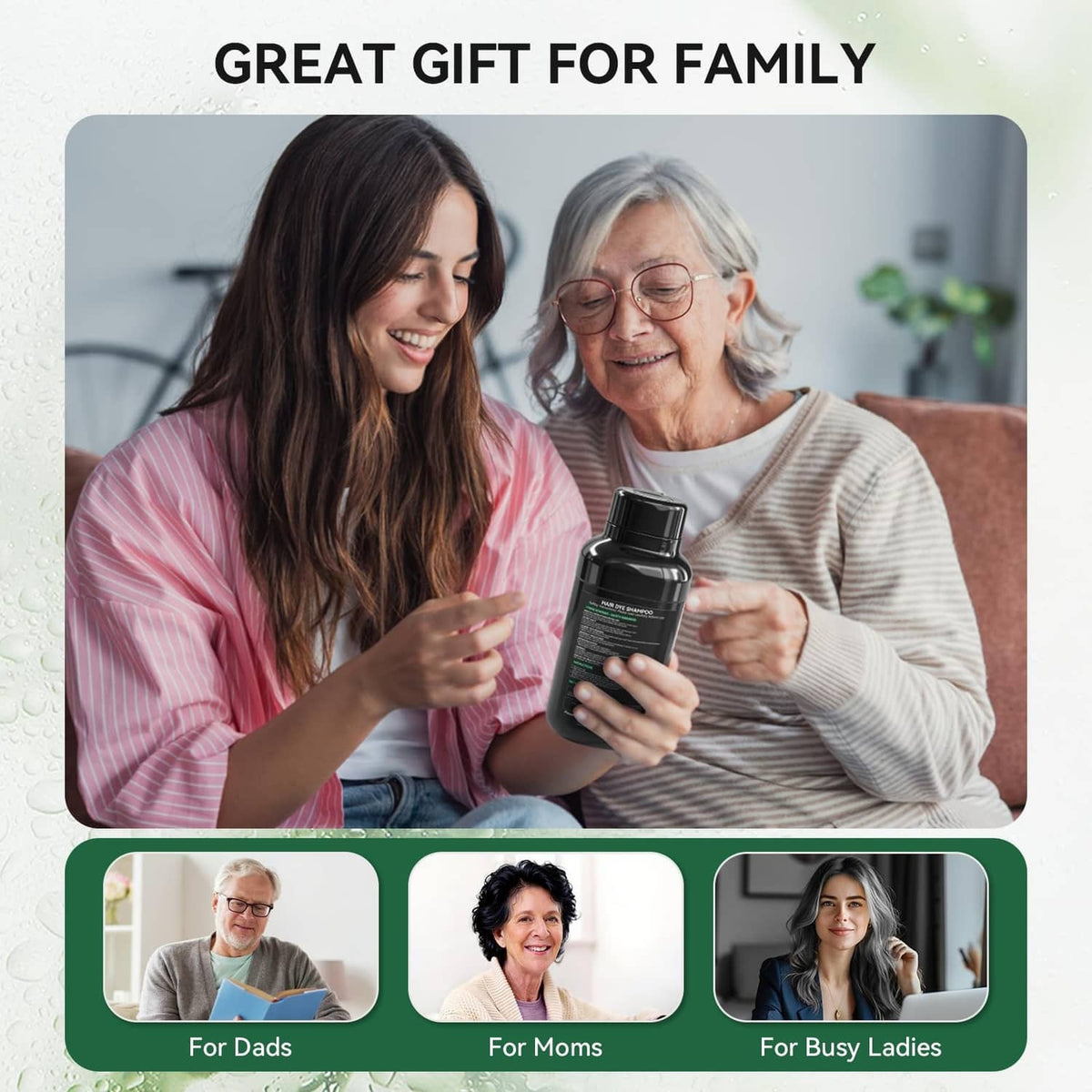 Hair dye shampoo gift set with two people holding the bottle