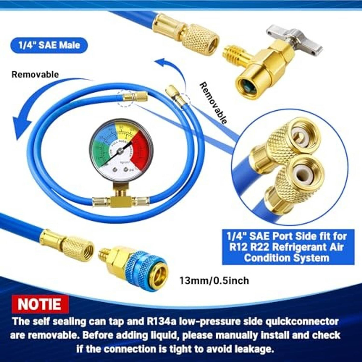 Refrigerant charge gauge kit with blue hose, brass fittings, and 1/4in SAE connections