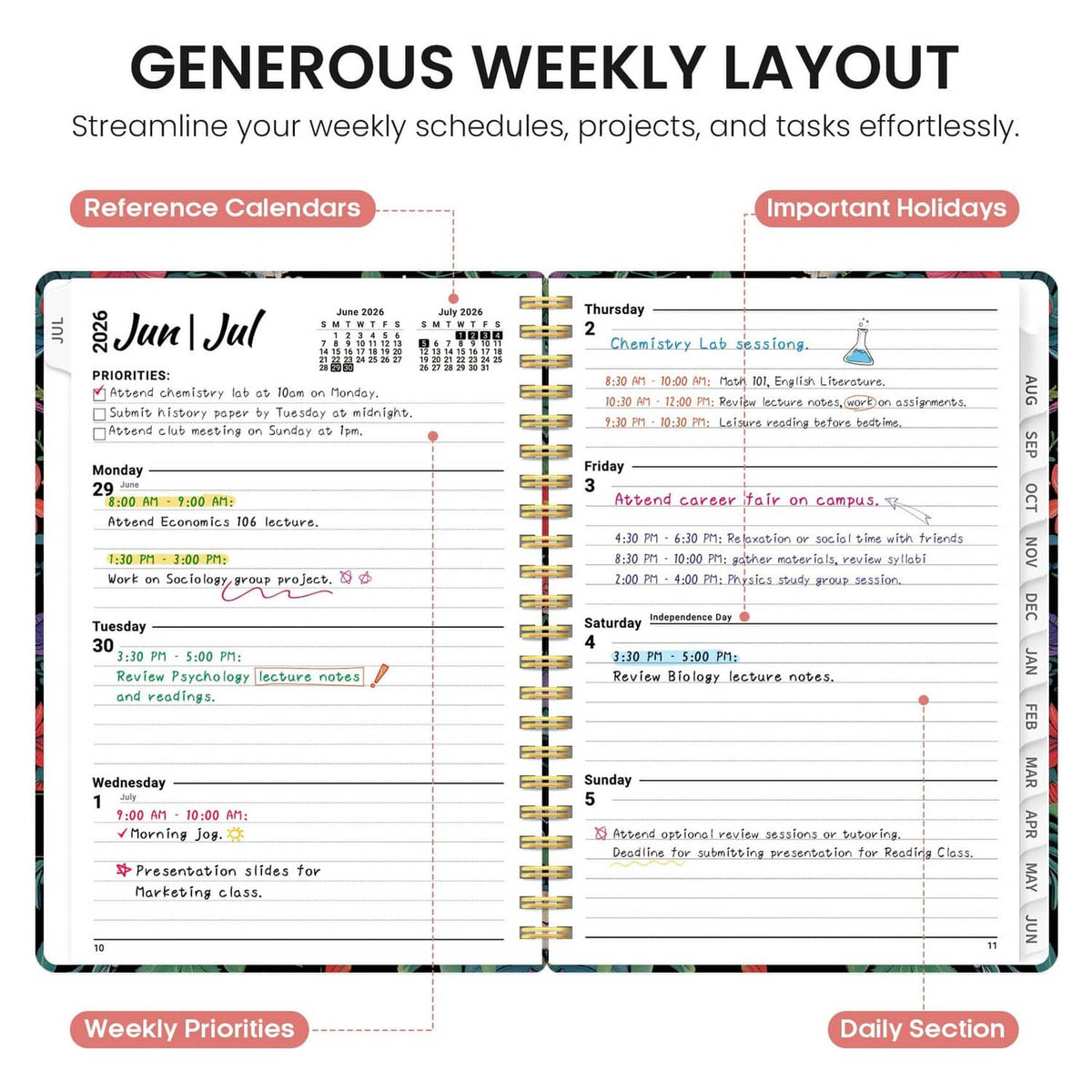 Weekly planner layout with priorities and daily sections on spiral-bound pages