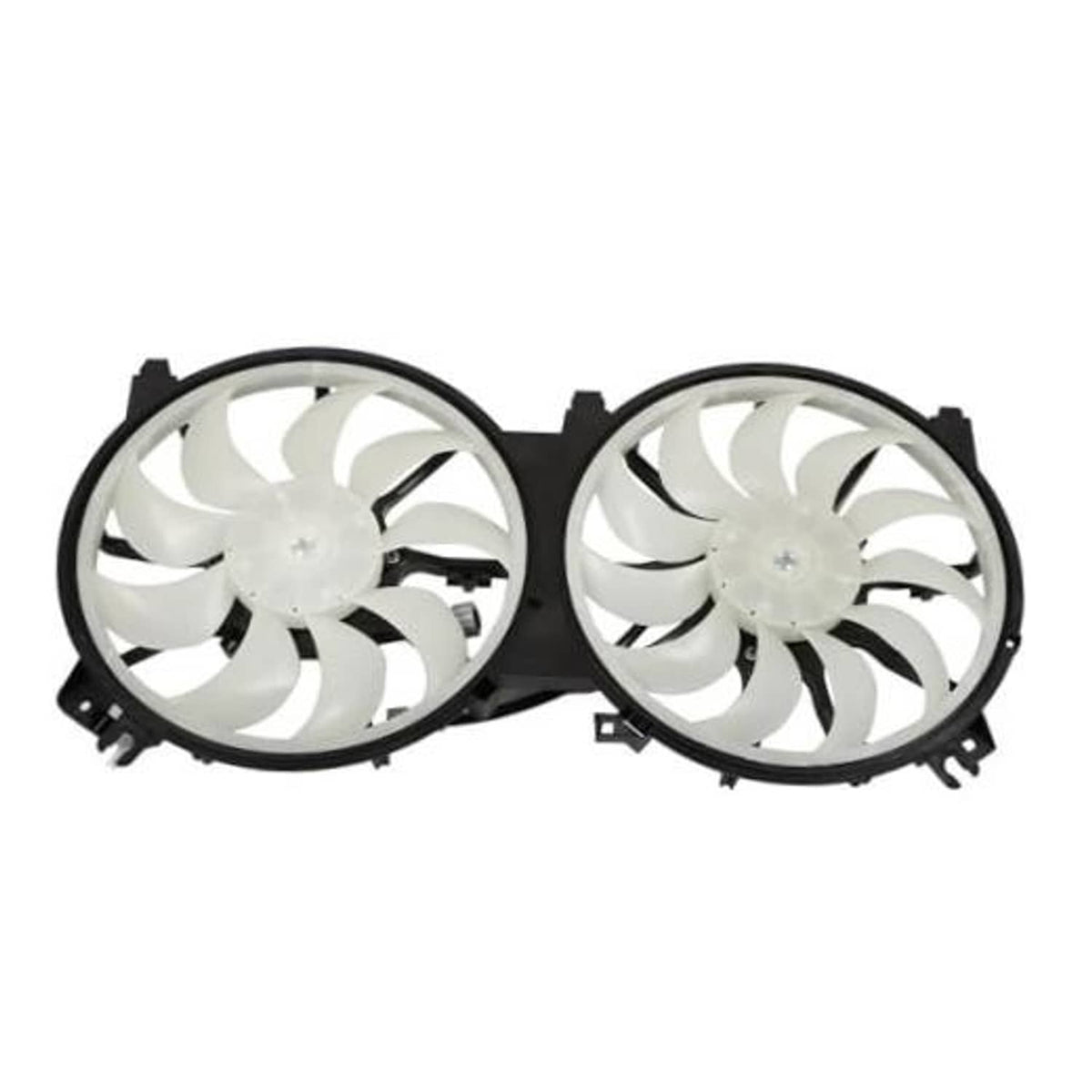 Twin radiator cooling fans with black shroud and white blades