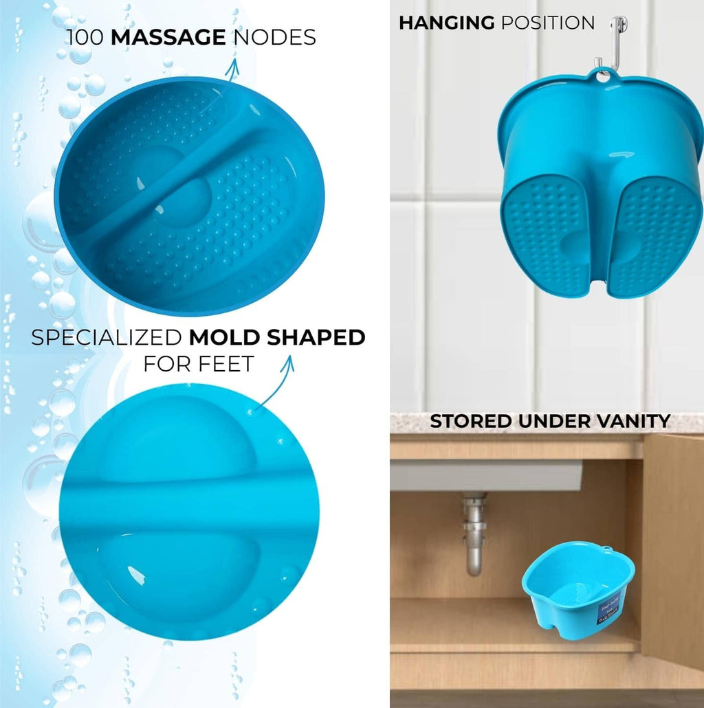 Blue foot bath tub with raised massage nodules and hanging storage handle