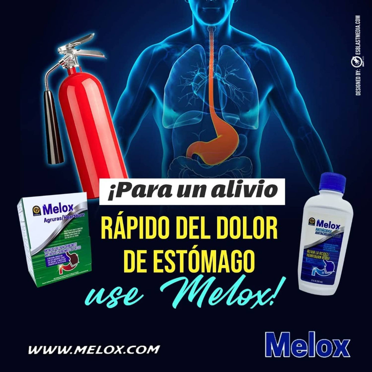 Heartburn relief antacid bottle and box with stomach pain relief promotional graphic