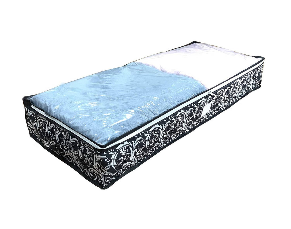 Under-bed storage bag organizer with blue padded top and black floral scroll fabric