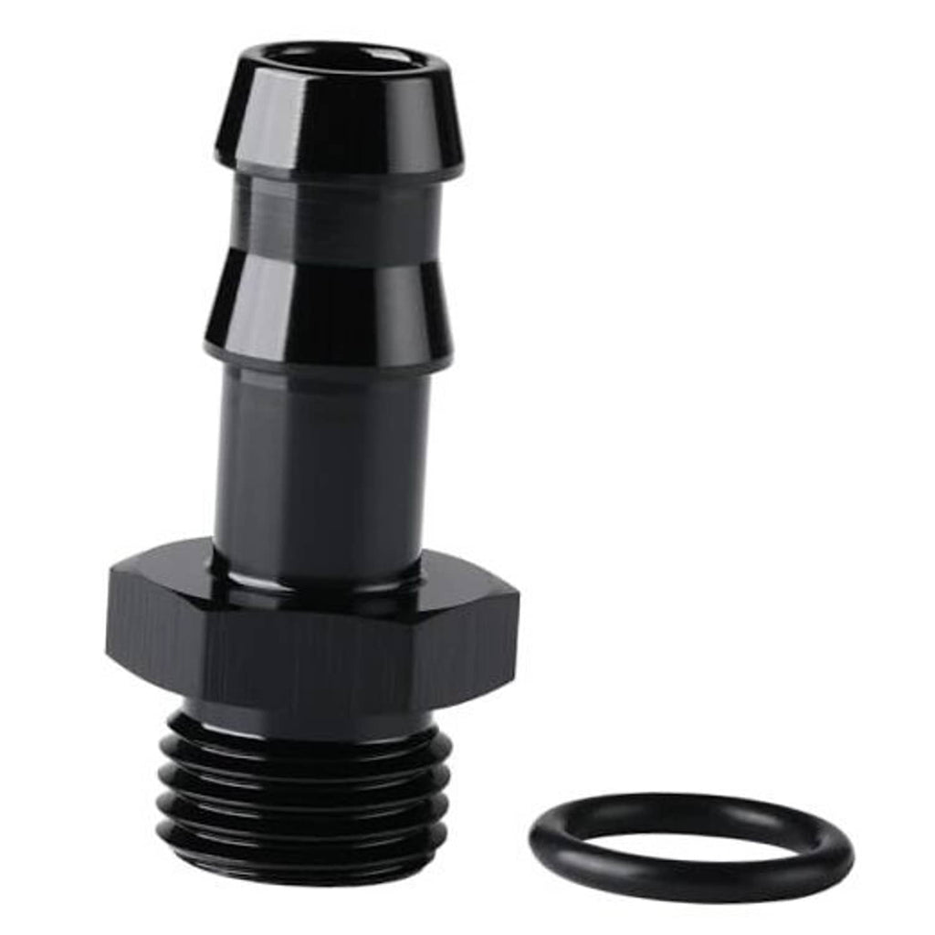 Black 6AN ORB to 3/8 hose barb straight fitting adapter with sealing O-ring