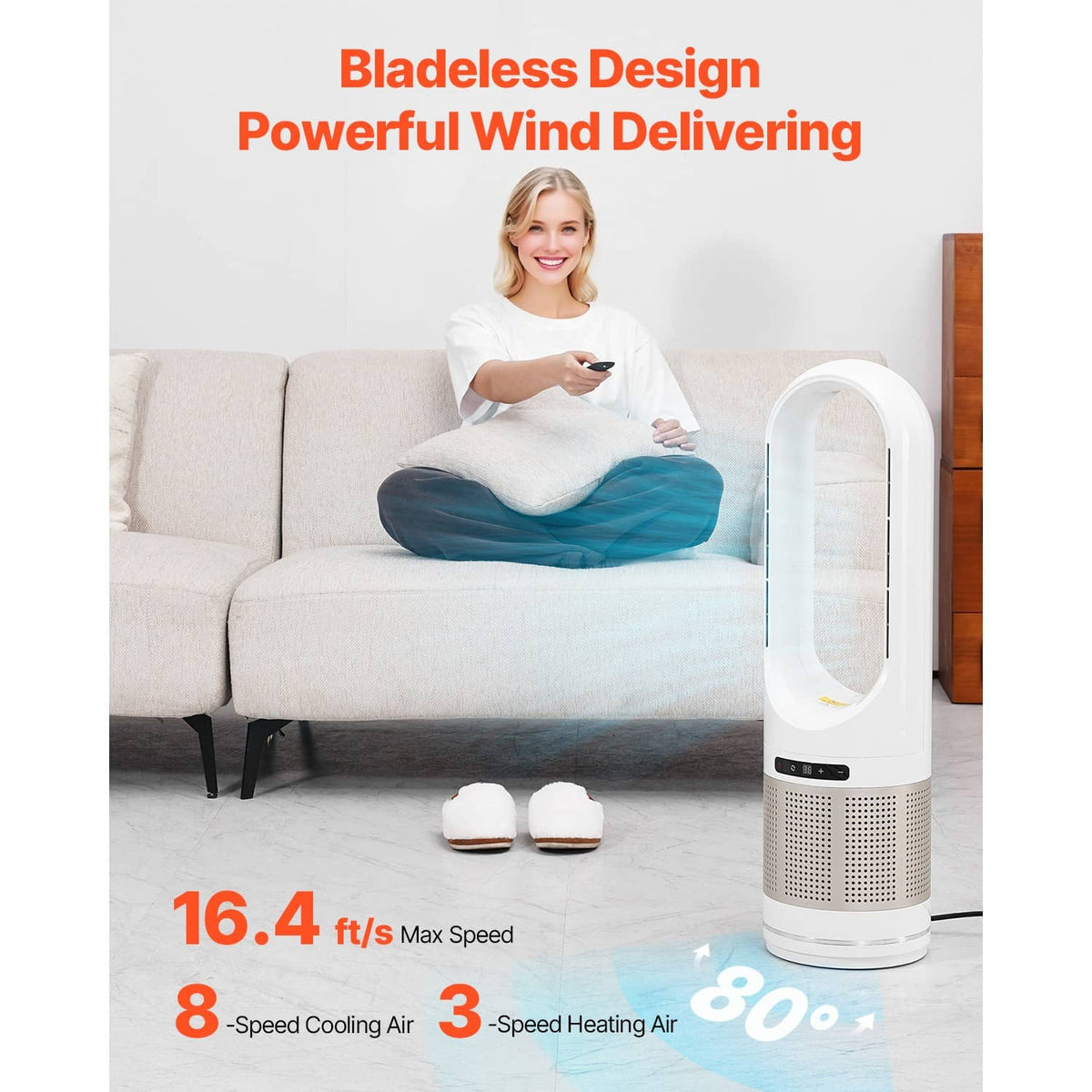 White bladeless tower fan air purifier with front vent grille and illuminated controls