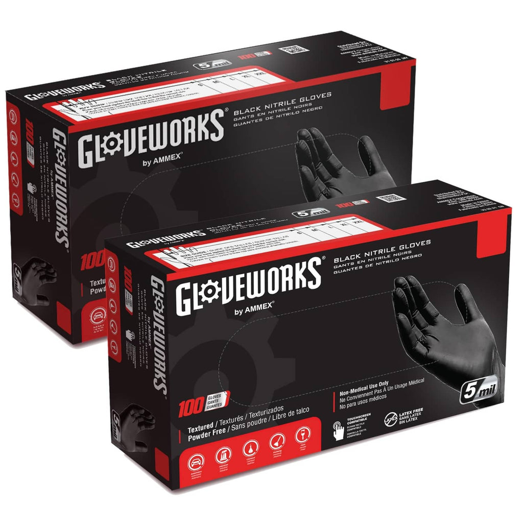 Two black nitrile glove boxes, medium size, 5 mil, stacked for bulk supply