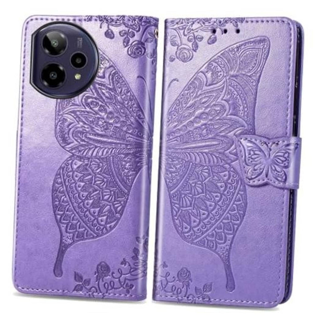 Light purple folio phone case with butterfly and ornate embossed pattern, magnetic flap
