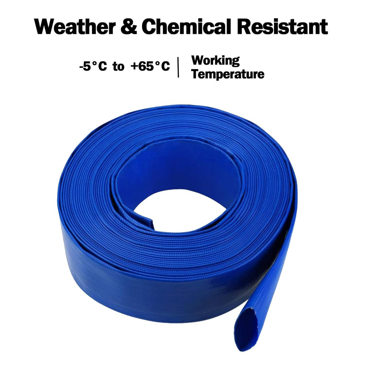 Blue pool backwash hose roll with a small open end tube