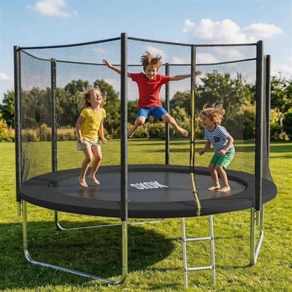 Kids trampoline with black net enclosure and round mat, with children bouncing