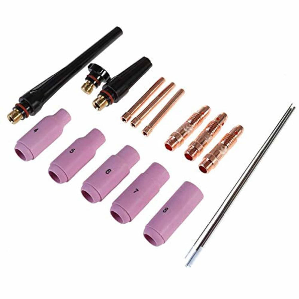 TIG welding torch consumables set with black parts, purple collet nozzles, and copper pieces