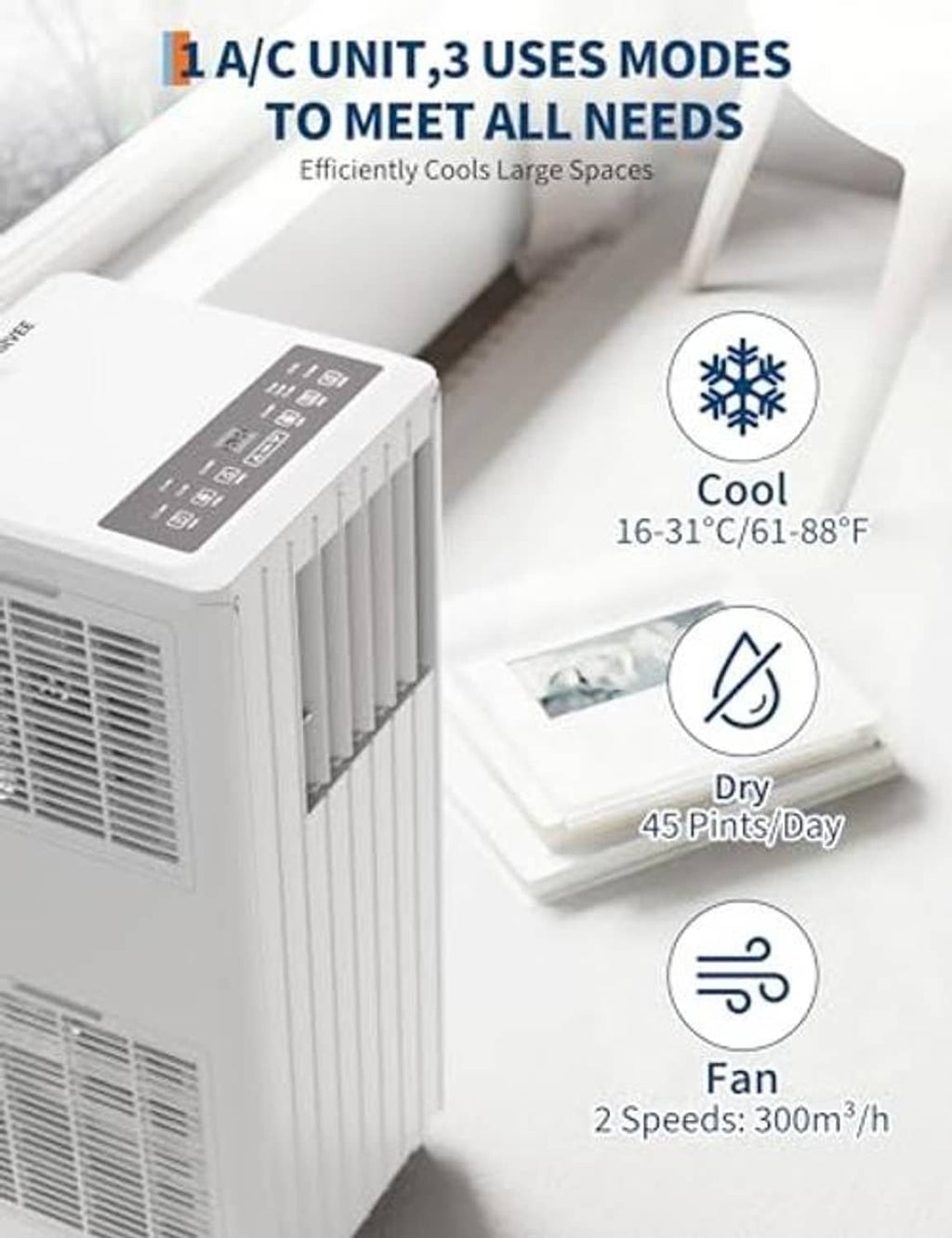 Portable air conditioner with illuminated touch/control panel and mode display