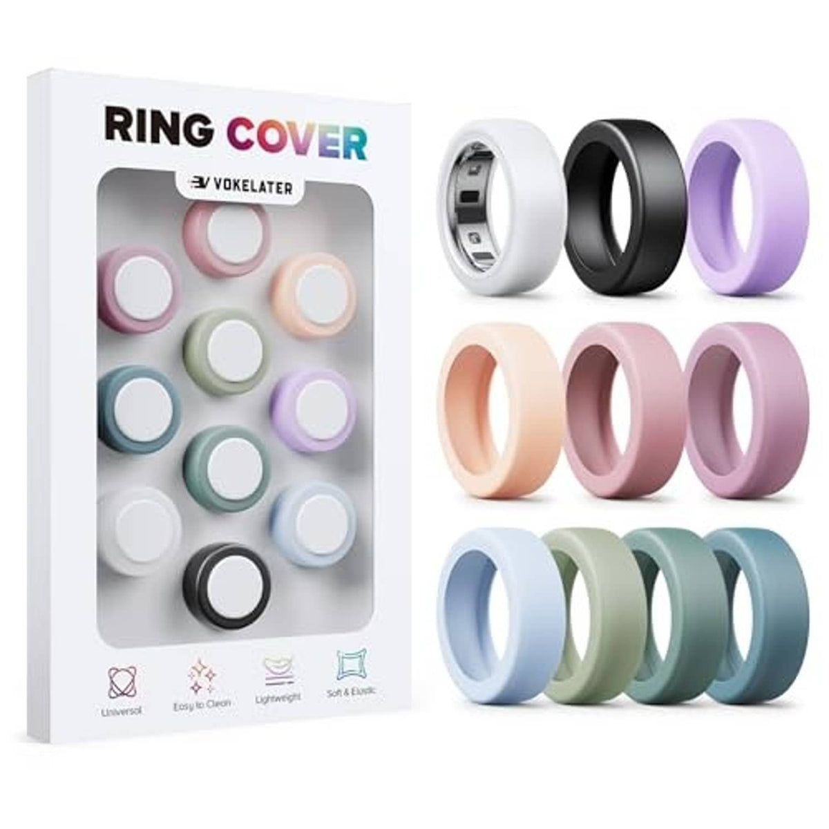 Silicone ring covers, Morandi color set of 10, shown in white, black, lavender, peach, and pastels