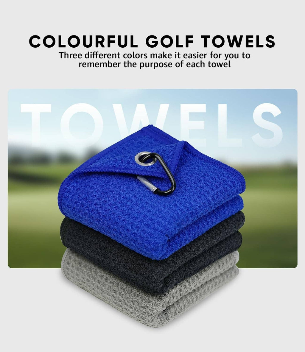 Stacked blue and gray Jiskan golf club towels with metal carabiner clip on top