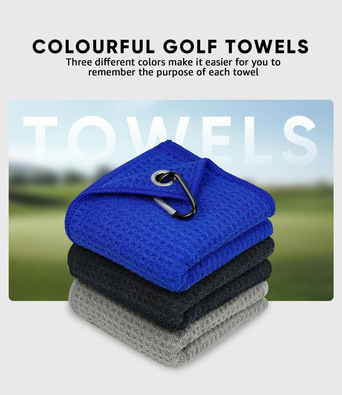 Stacked blue and gray Jiskan golf club towels with metal carabiner clip on top