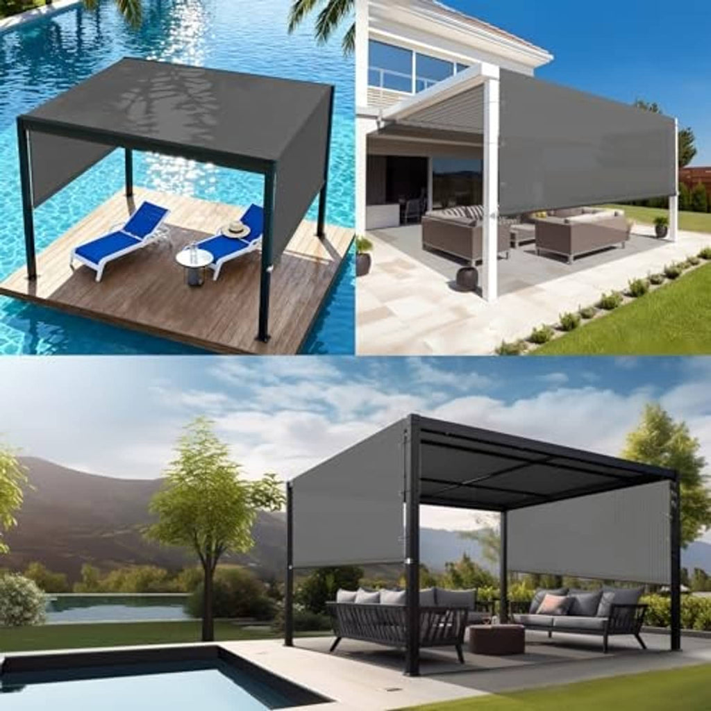 Dark gray pergola shade cover with retractable side panels over an outdoor patio setup