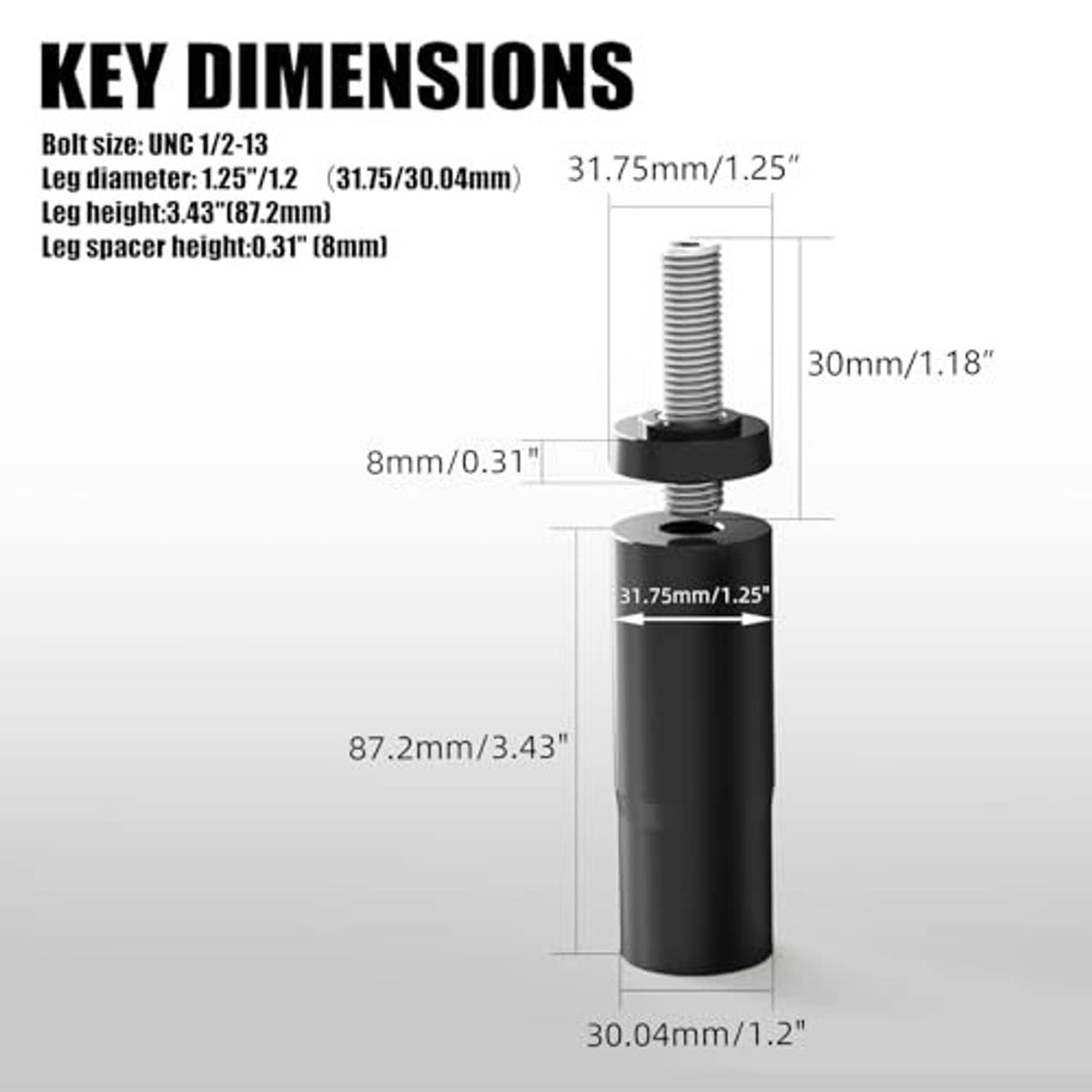 Black aluminum riser extension leg with threaded stud and base