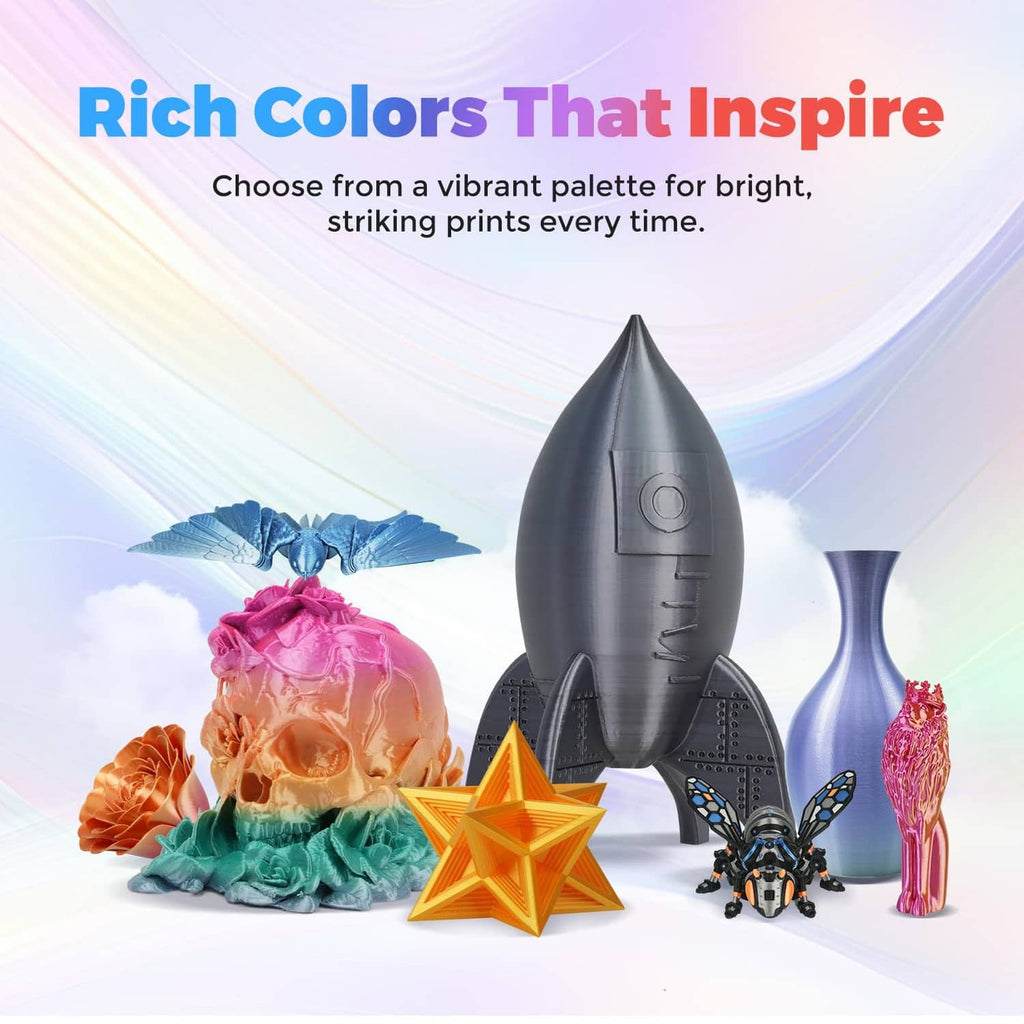 Copper silk PLA filament spool among colorful spools with printed shapes and nozzle