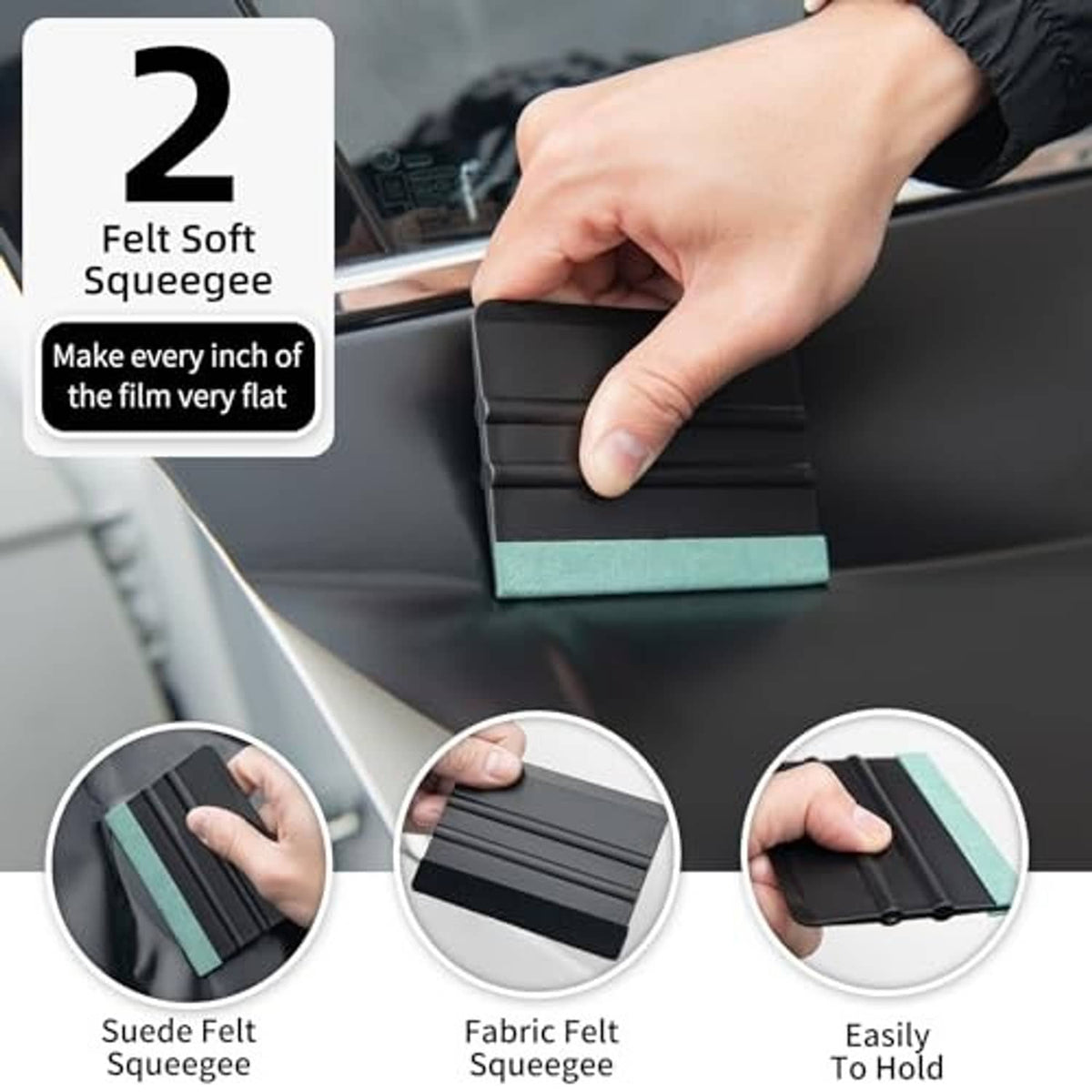 Felt window tint squeegee with teal pad, shown smoothing film on a car window