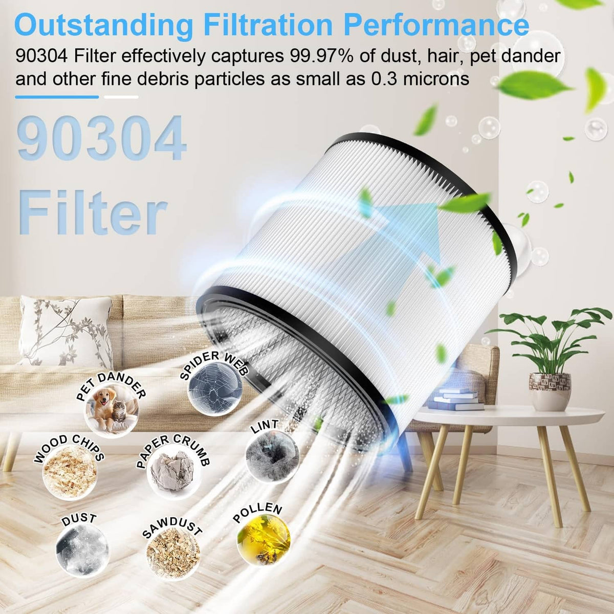 White pleated vacuum filter with black rim, designed for fine dust and debris
