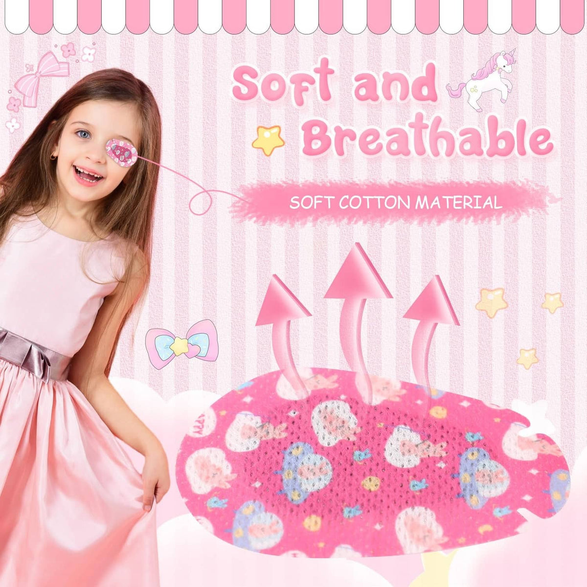 Girl wearing a pink kids adhesive eye patch with multicolor cute pattern