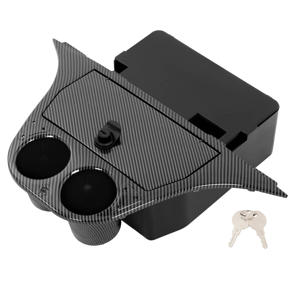 Carbon fiber-style dash compartment insert with two round cup openings and key lock