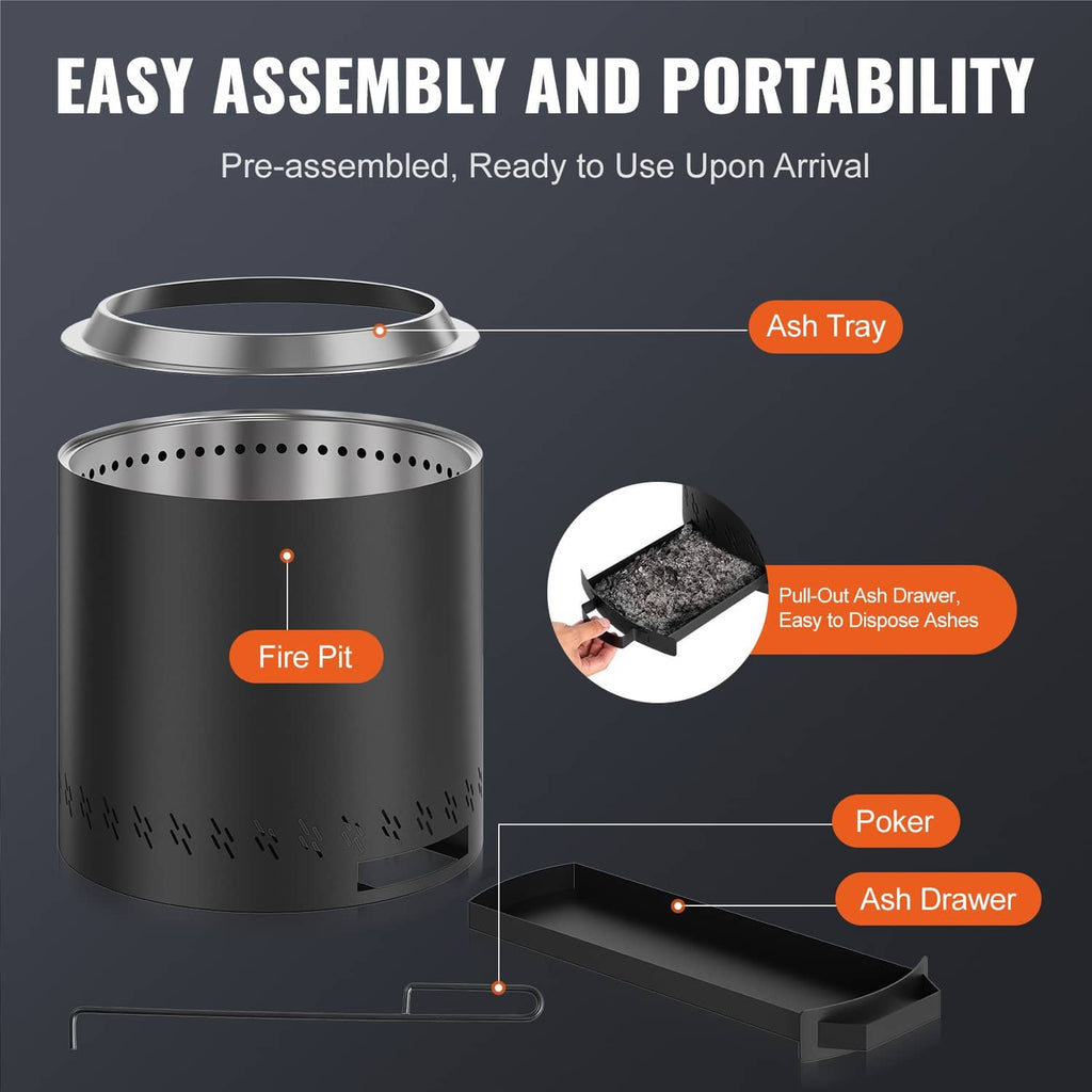 Black fire pit stove with pull-out ash drawer and poker accessory