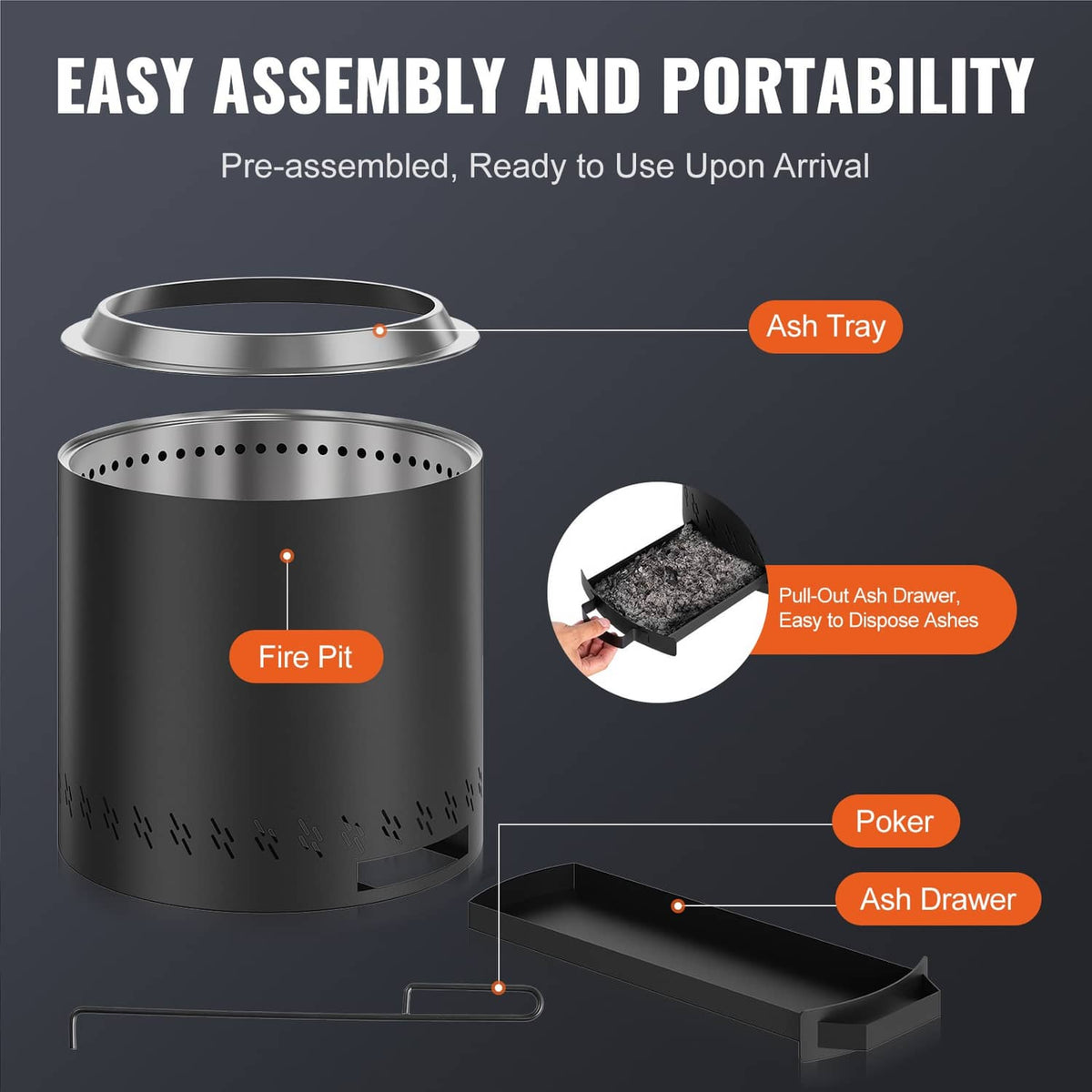 Black fire pit stove with pull-out ash drawer and poker accessory