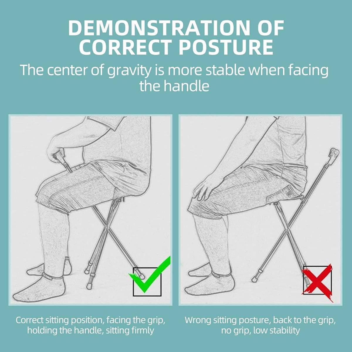 Black folding cane with seat that supports correct upright sitting posture