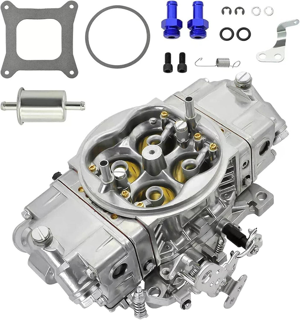 Silver double-pumper race carburetor with mounting gasket and hardware kit