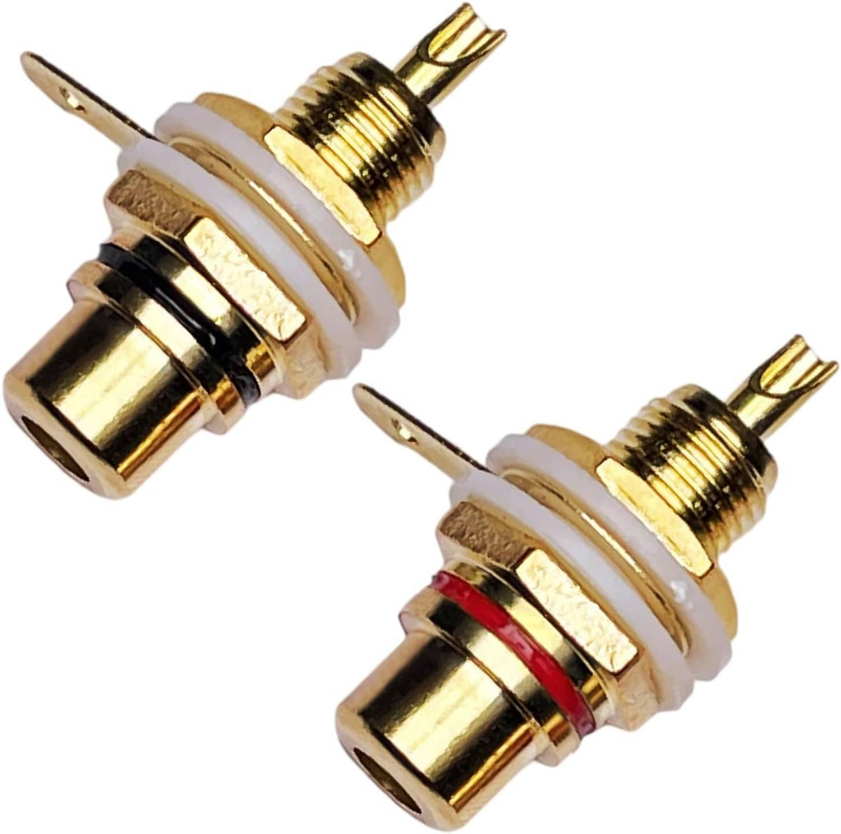 Gold-plated audio jack sockets, panel-mount style, showing red and black ring accents, pair.
