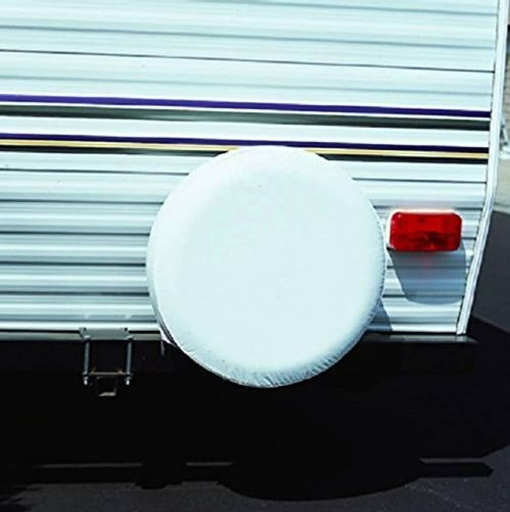 White round spare tire cover, fitted to vehicle exterior