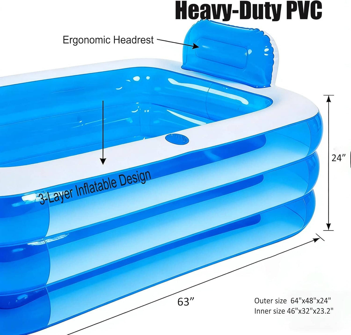 Blue double inflatable bathtub with ergonomic headrest and 3-layer inflatable design