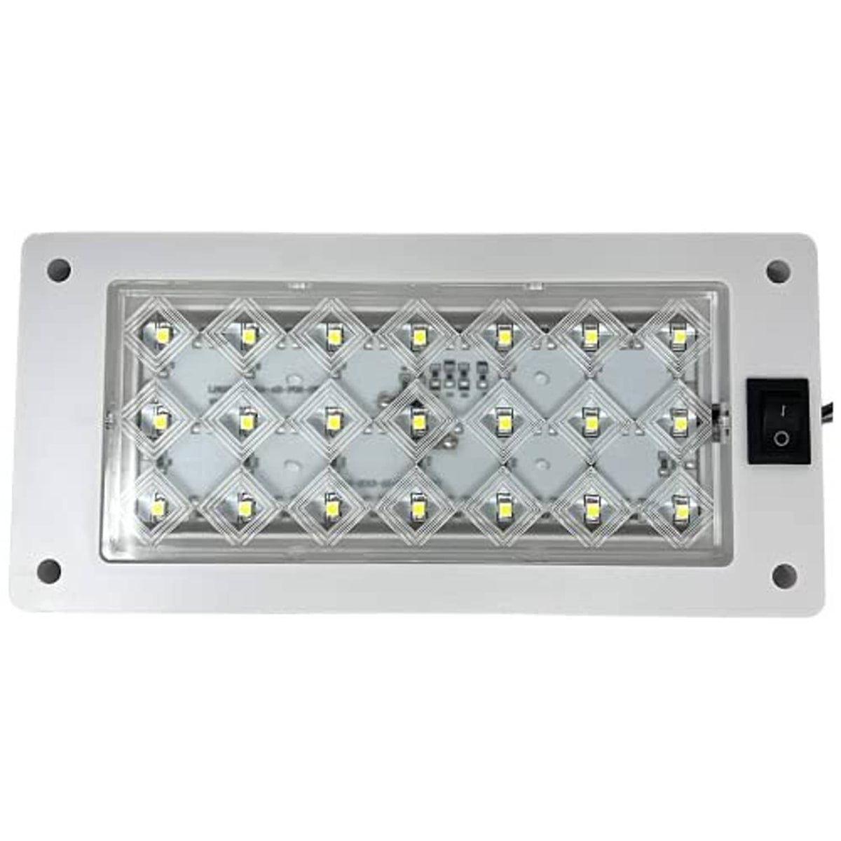 Rectangular LED interior light with side on/off switch, silver housing and clear lens