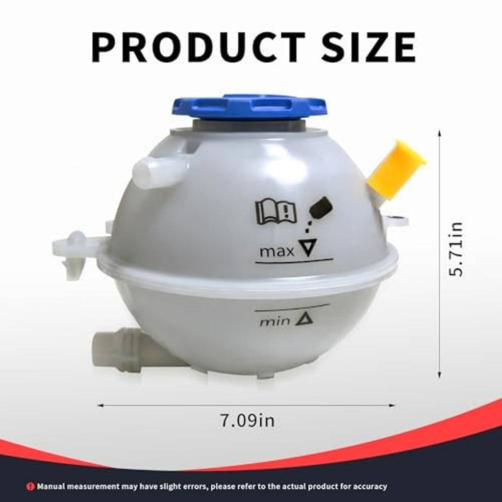 Engine coolant overflow reservoir tank with blue cap, yellow vent fitting, and min/max markings.