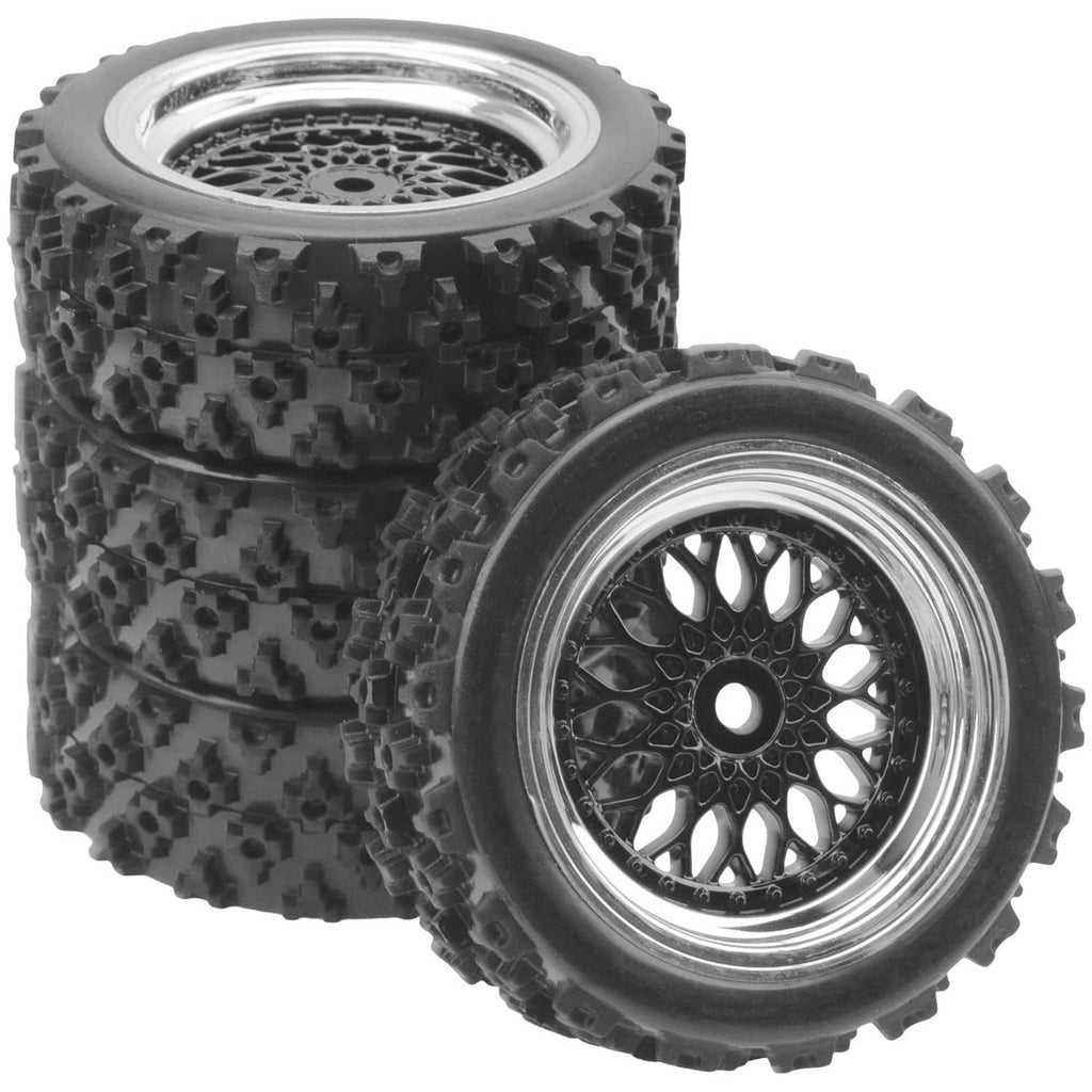 RC on-road tire and wheel set, close-up silver rim with black tread blocks