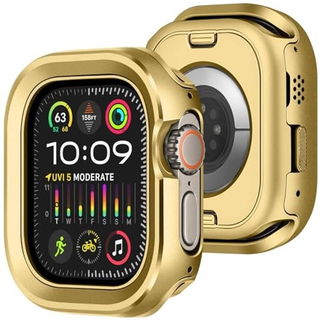 Rose gold rugged metal smartwatch case, front view with large screen bezel