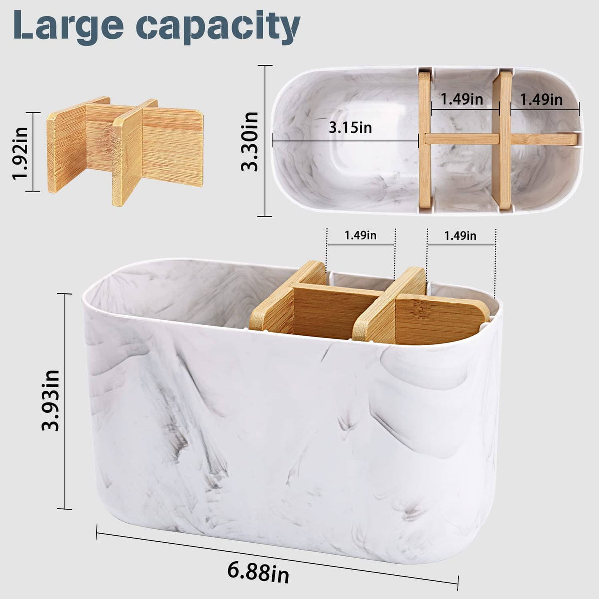 Marble-look 5-slot bamboo toothbrush holder with bamboo dividers; size view