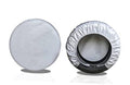 Silver RV tire cover pair, circular tarp-style covers with center opening