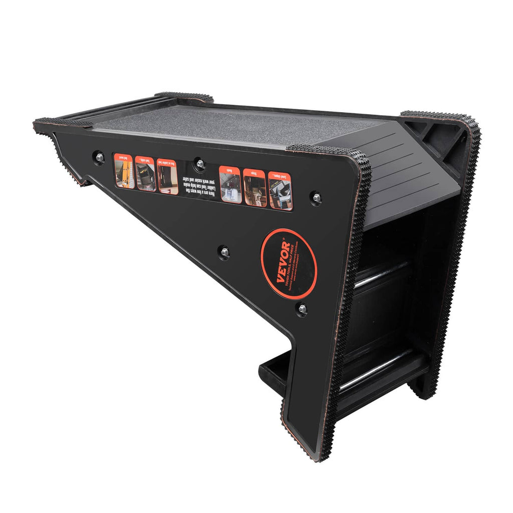 Black ladder leveling tool with angled ramp, textured platform, and non-slip feet