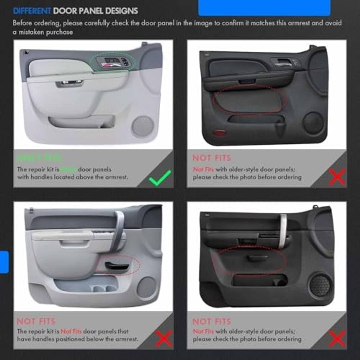Door panel design compatibility guide for front door armrest repair kit