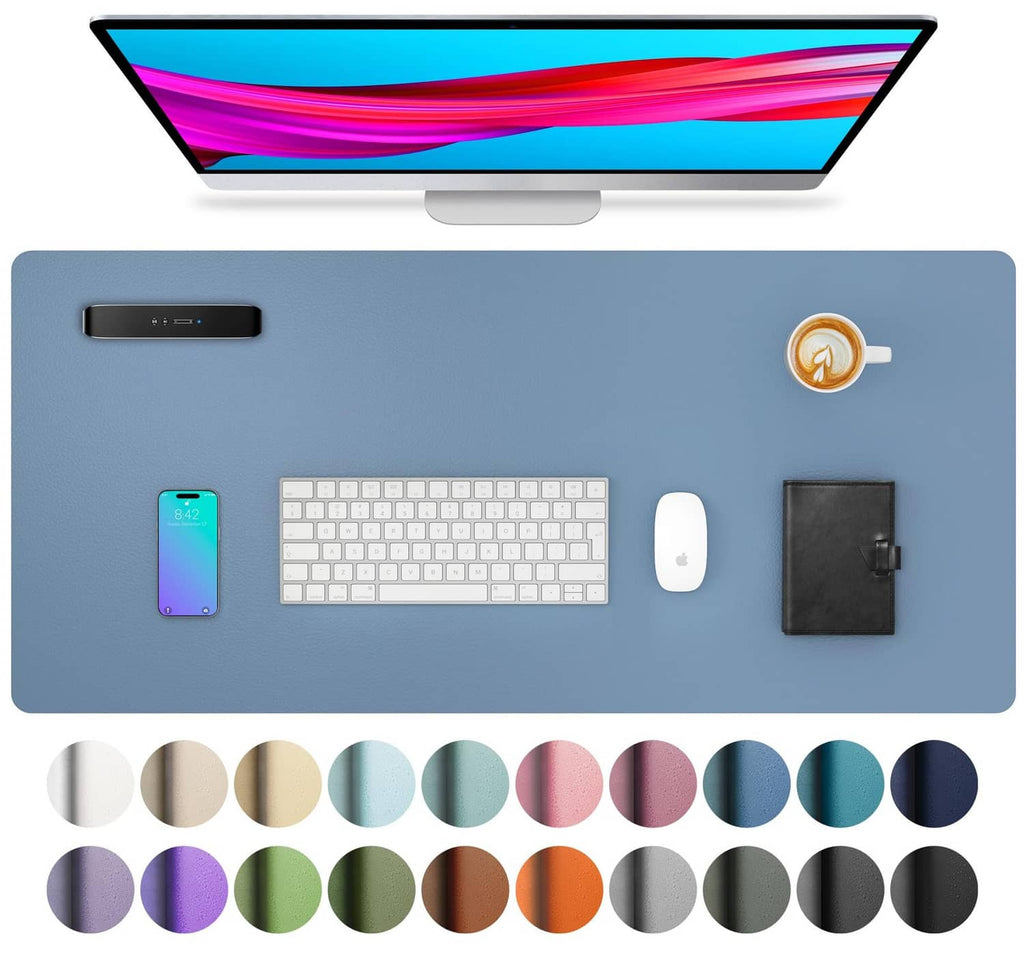 Denim blue desk pad protector, large size, smooth PU leather surface for keyboard use