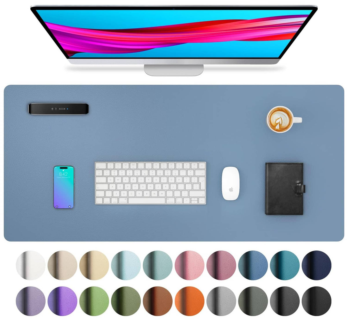 Denim blue desk pad protector, large size, smooth PU leather surface for keyboard use