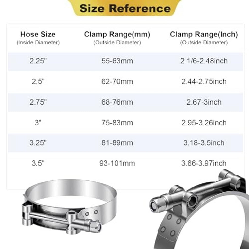 T-bolt hose clamp with size reference for hose diameter ranges