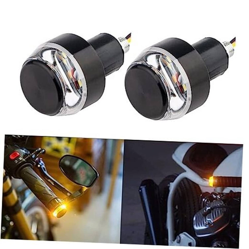 Motorcycle handlebar end LED lights, two round black housings with chrome front bezels