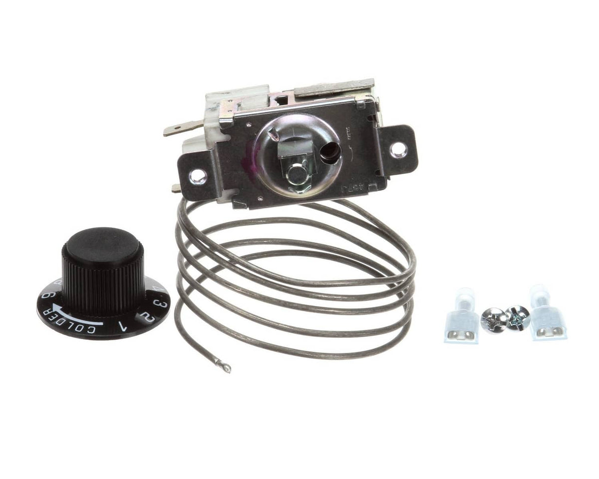 Temperature control kit with round knob, metal switch, coiled wires, and wire connectors
