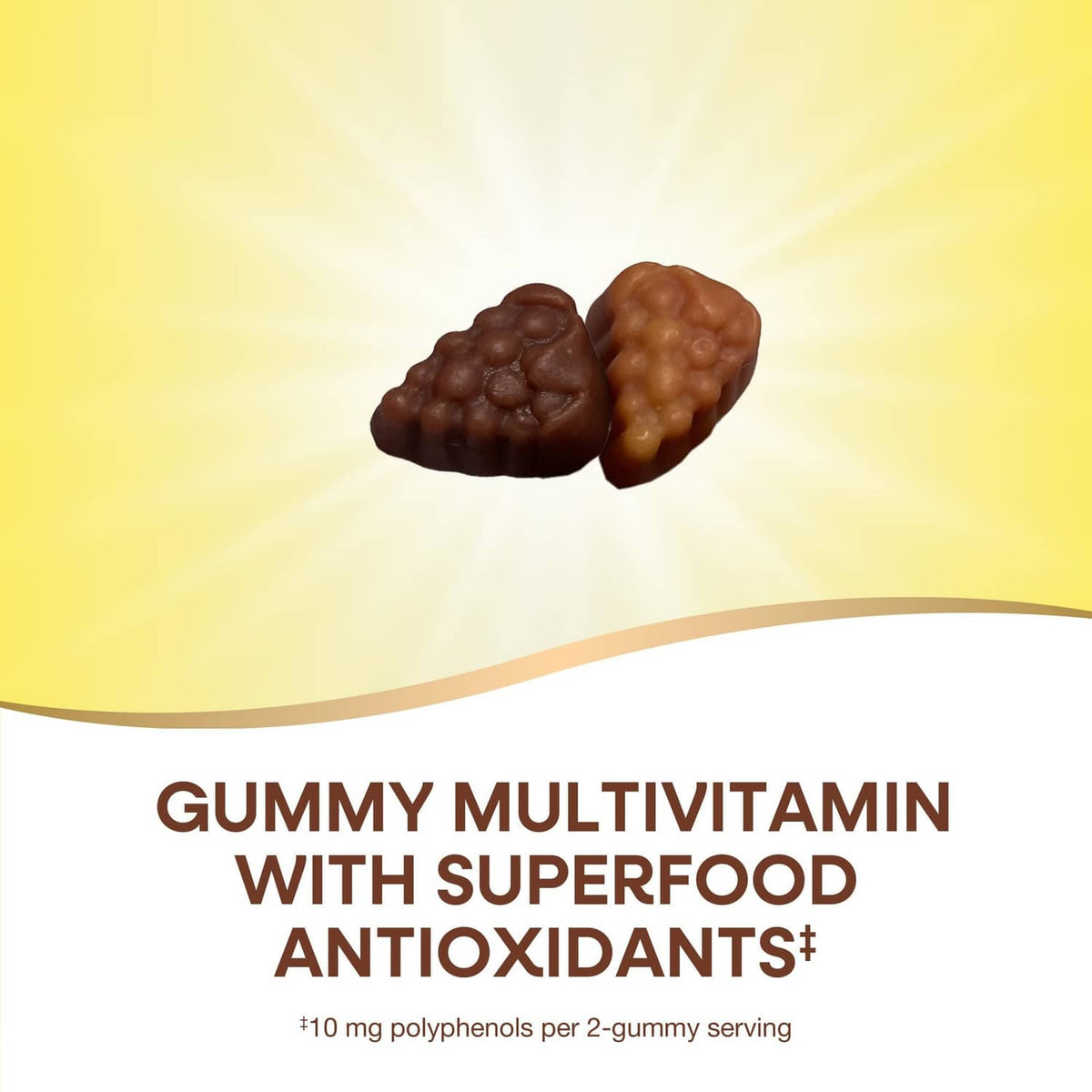 Two multivitamin gummy pieces in dark and light brown