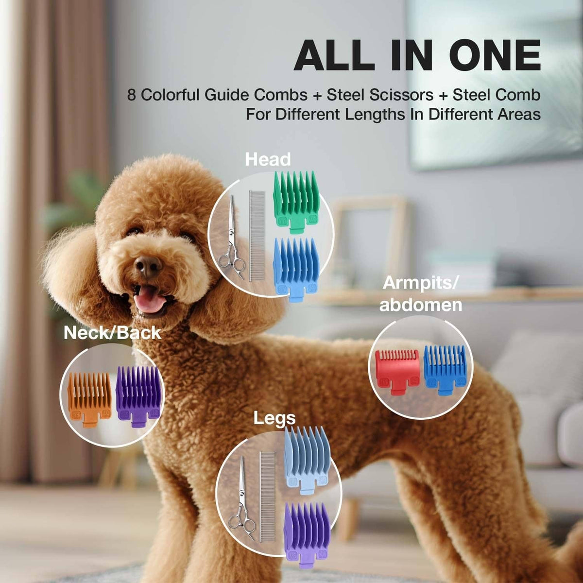 Dog grooming clipper with guide combs and scissors set on standing brown dog.