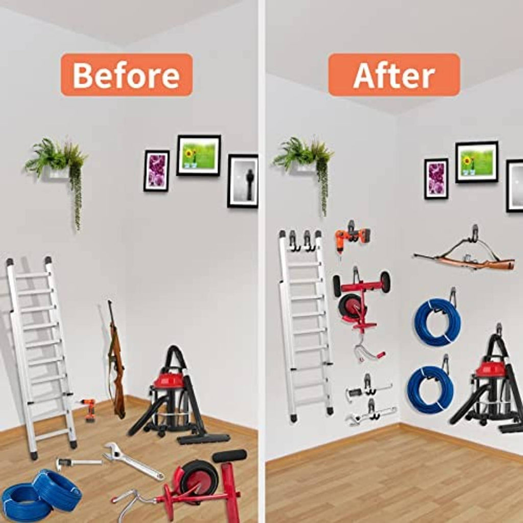 Garage wall storage hooks neatly organizing tools in a before-and-after setup