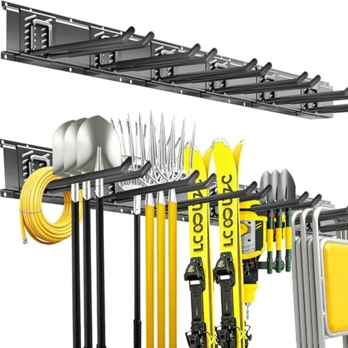 Wall tool organizer with straight hooks and hanging bars for tools, black metal.